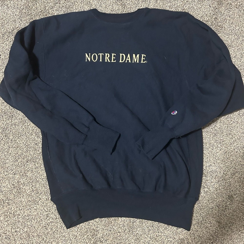 Vintage Champion Men's Navy Notre Dame Crewneck Sweater